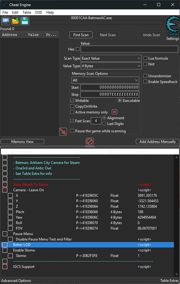 Batman Arkham Cheat Engine table with IGCS Support
